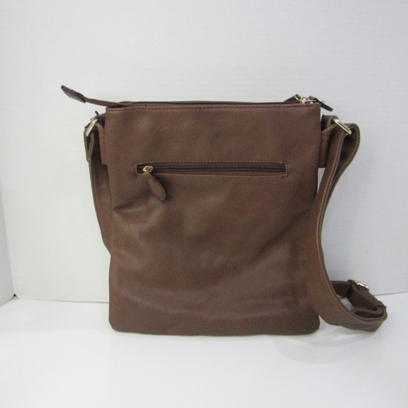 Unbranded Brown Leather Large Crossbody 3 Compartments Zipper Gold Accents - Picture 10 of 14